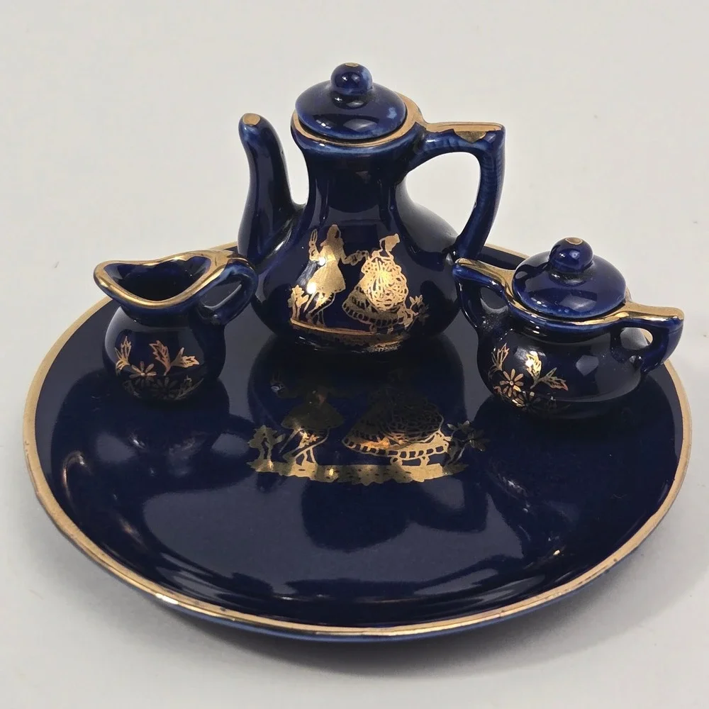 Cobalt Blue Miniature Porcelain Tea Set Gold Trim Fragonard Courting Couple 9pc